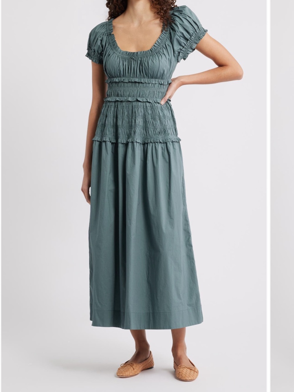 Doen Leanne Dress Smocked  Waist Tiered Organic Cotton in Lagoon Green
